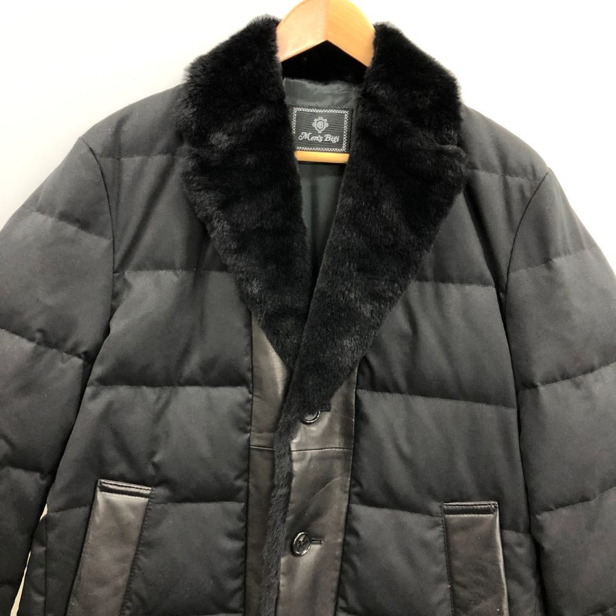 中古◆メンズビギ ダウンジャケット ムートン ファー レザー 切替 中綿 キルティング ブラック メンズ サイズM MEN`s BIGI 【AFF23】