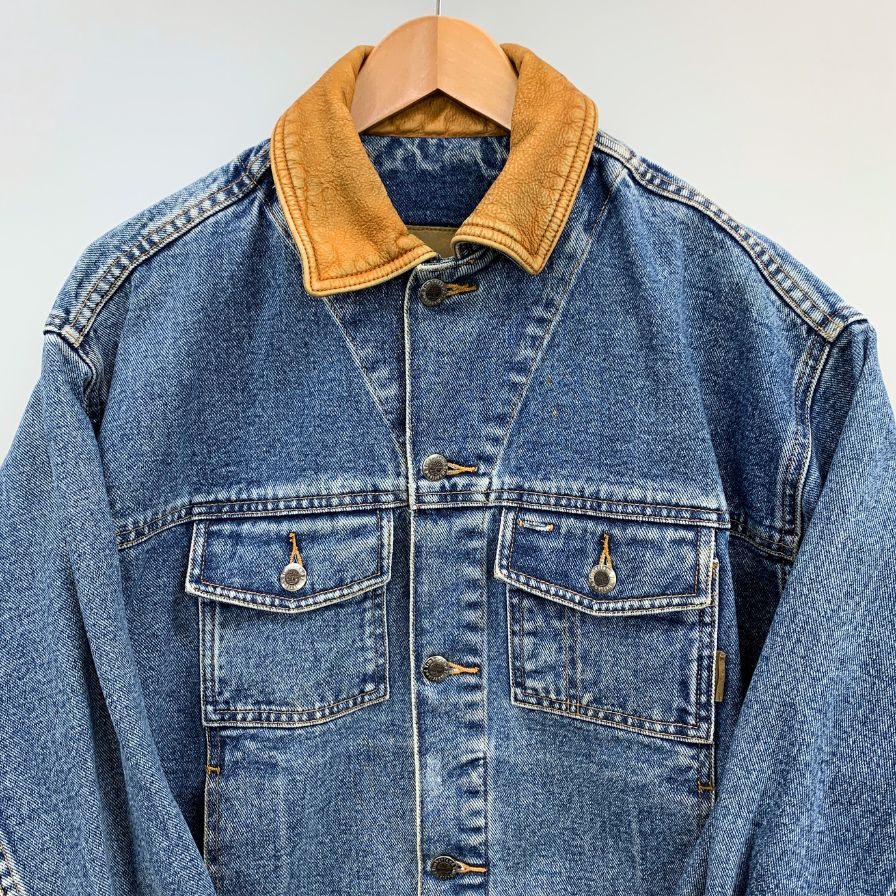 美品◆ティンバーランド Gジャン 襟 レザー 切替 デニム トラッカー ジャケット ショート丈 ボックス インディゴ メンズ サイズXS Timberland 【AFB1】