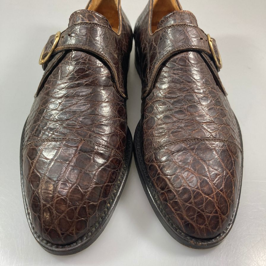 シャルル ジョルダン クロコ型押し シングルモンク ストラップ ブラウン メンズ サイズ 7E CHARLES JOURDAN 約25.5cm【AFC34】