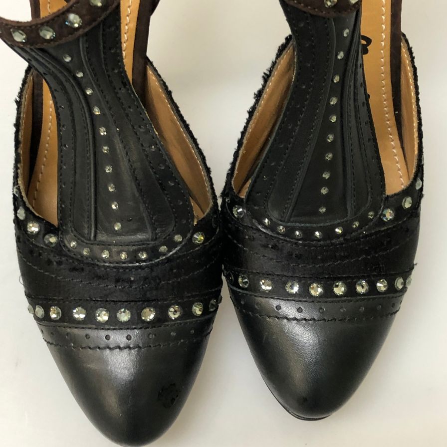 ランバン パンプス レザー サテン クリスタル ハイヒール サイズ36.5 レディース ブラック ブラウン Lanvin 約23.5cm【AFC28】