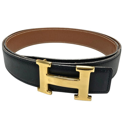 エルメス ベルト H バックル ボックスカーフ トゴ □C刻 ブラック ブラウン ゴールド金具 HERMES【AFI9】