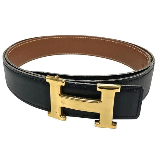 エルメス ベルト H バックル ボックスカーフ トゴ □C刻 ブラック ブラウン ゴールド金具 HERMES【AFI9】