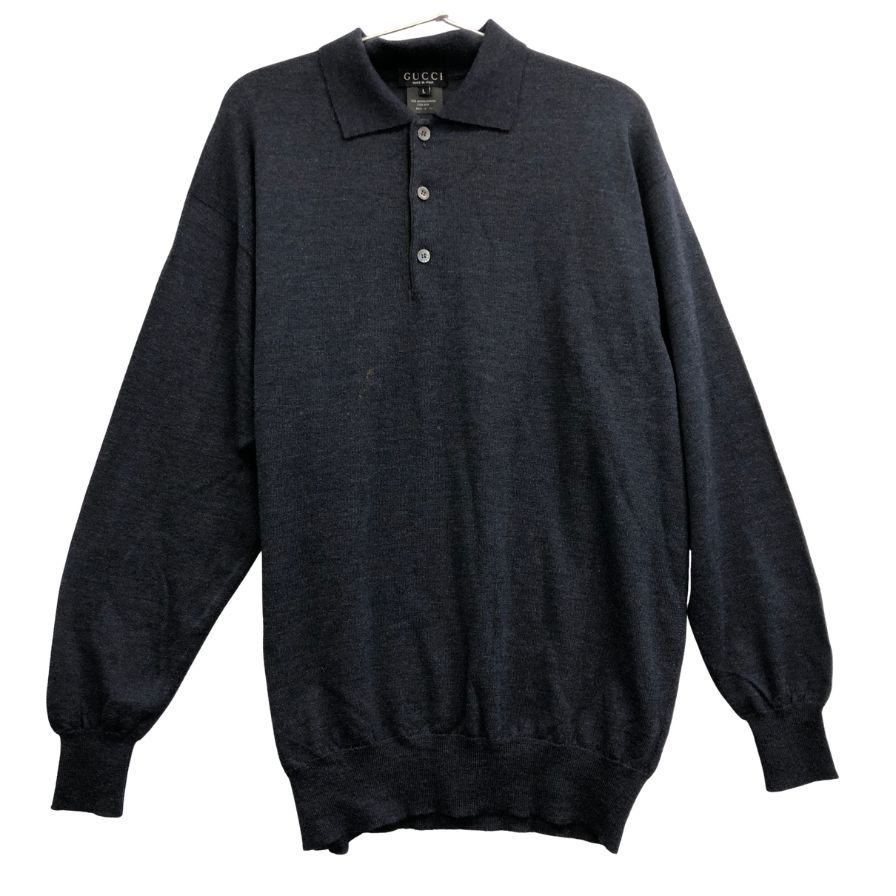 中古■グッチ ニット ポロシャツ 長袖 ウール 100％ ネイビー サイズ L GUCCI 【AFB41】