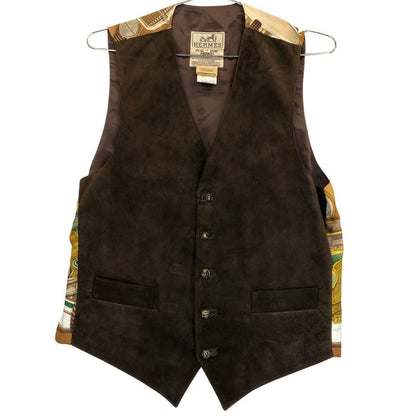 美品◆エルメス ジレ ヴィンテージ automobile ブラウン系 シルク×ピッグスキン サイズ48 メンズ HERMES 【AFB40】