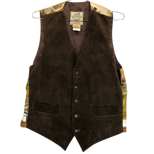 美品◆エルメス ジレ ヴィンテージ automobile ブラウン系 シルク×ピッグスキン サイズ48 メンズ HERMES 【AFB40】