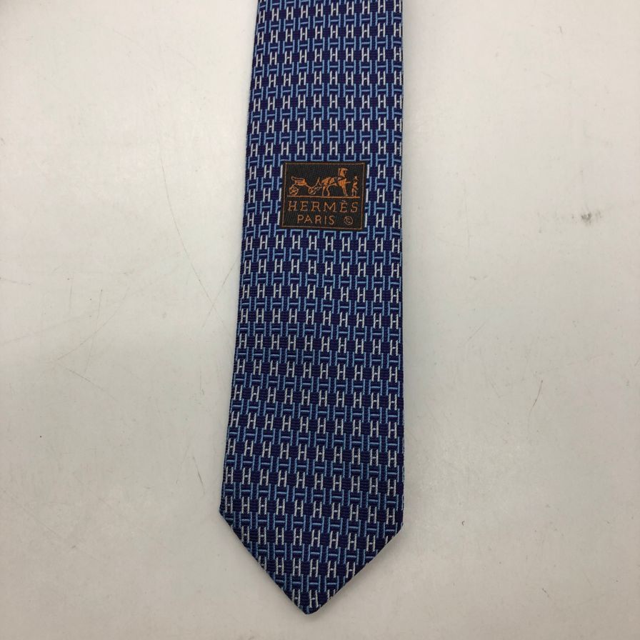 エルメス ネクタイ H柄 シルク ネイビー 7cm HERMES【AFI21】