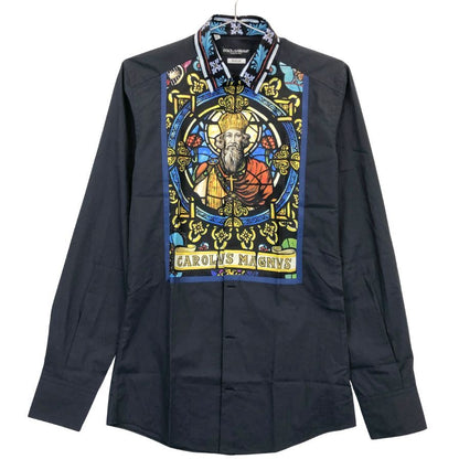 美品◆ドルチェ&ガッバーナ ゴールド ロングスリーブシャツ グラフィック CAROLVS MAGNVS メンズ サイズ37 DOLCE&GABBANA 【AFB1】