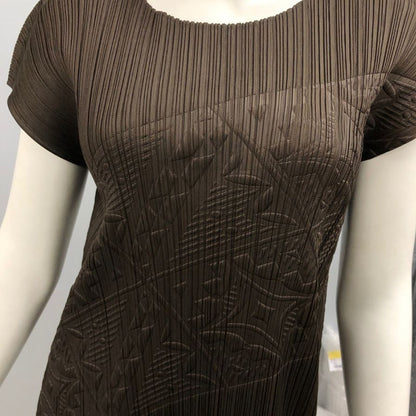 極美品◆プリーツプリーズ ノースリーブワンピース エンボス柄 ブラウン サイズ3 PP21-JT615 PLEATS PLEASE ISSEY MIYAKE 【AFB10】