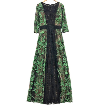 極美品◆タダシショージ ドレス レーヨン 葉っぱ柄 刺繍  レース レディース ブラック サイズ2 総柄 TADASHI SHOJI 【AFB4】