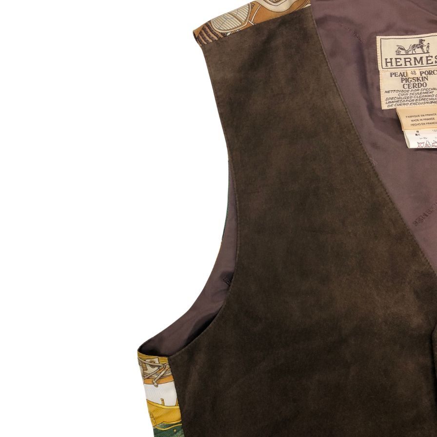 美品◆エルメス ジレ ヴィンテージ automobile ブラウン系 シルク×ピッグスキン サイズ48 メンズ HERMES 【AFB40】