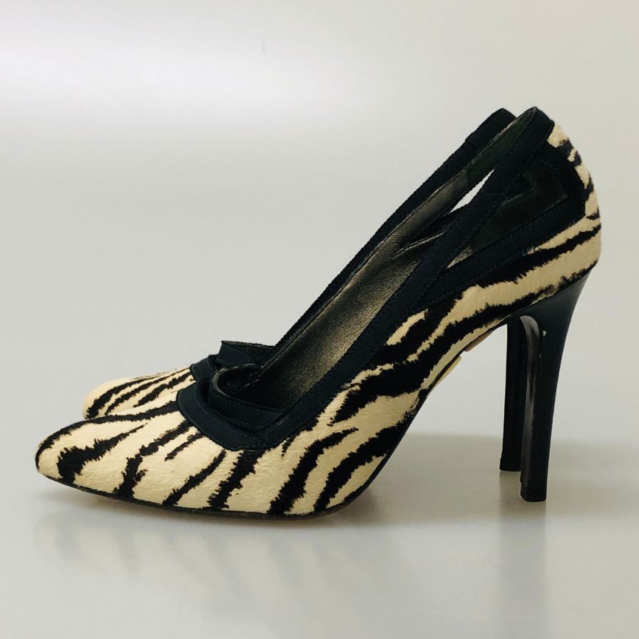 ランバン パンプス ポニー ファー ハイヒール サイズ36.5 レディース ホワイト ブラック Lanvin 約23.5cm【AFC30】