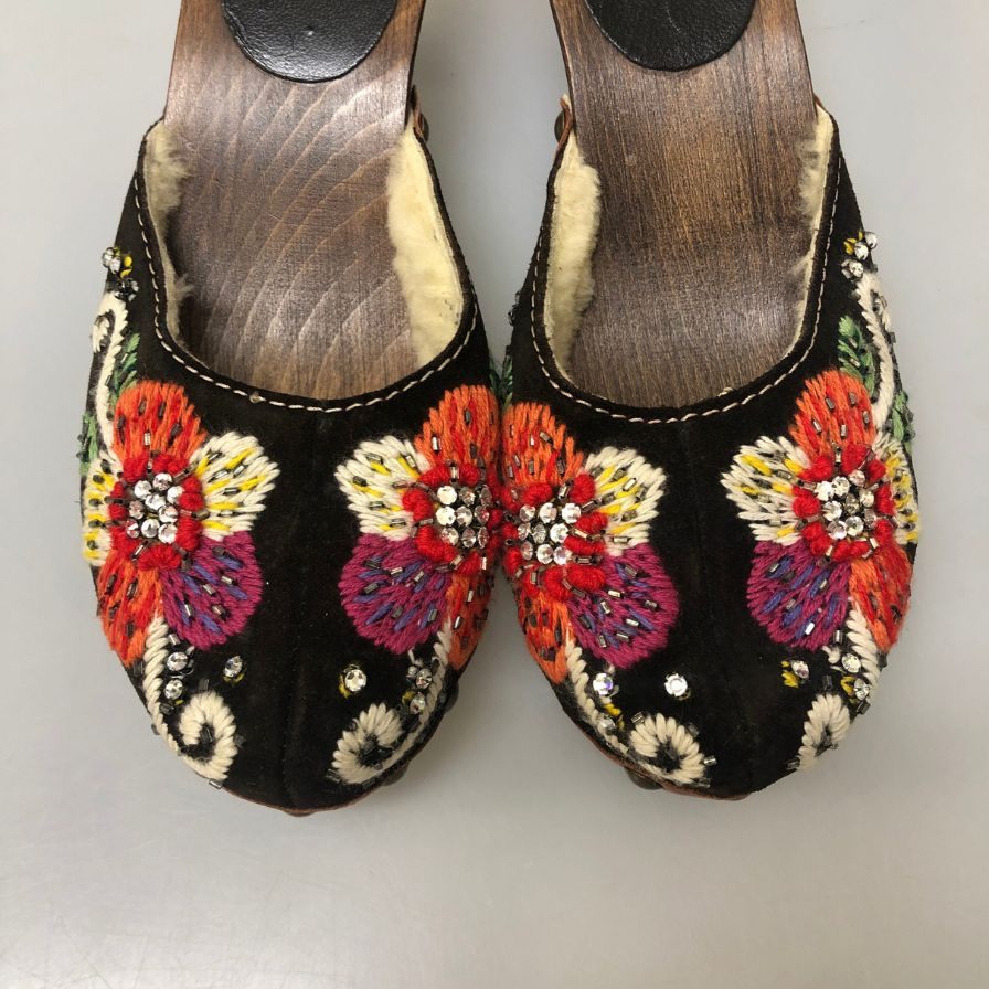 ミュウミュウ ミュール 花柄 刺繍×ラインストーン ベロア ボア付き ブラック サイズ37 レディース MIU MIU 約24.0cm【AFC1】
