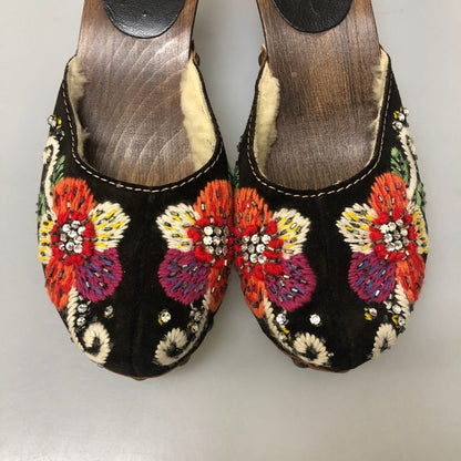 ミュウミュウ ミュール 花柄 刺繍×ラインストーン ベロア ボア付き ブラック サイズ37 レディース MIU MIU 約24.0cm【AFC1】