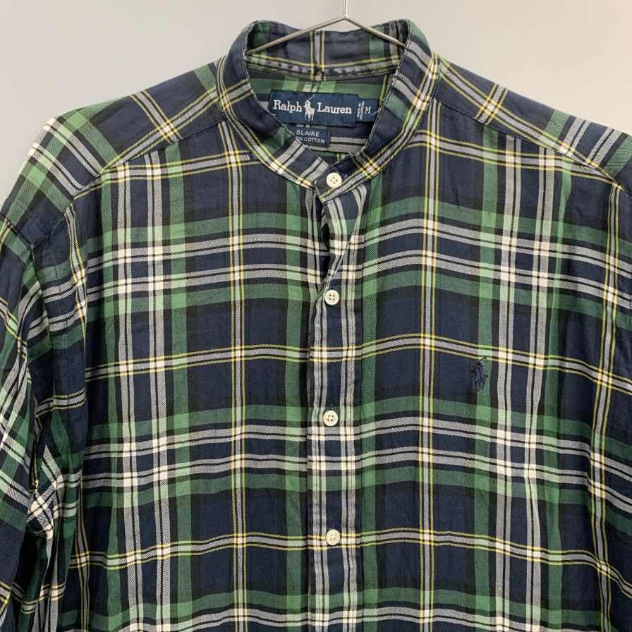 美品◆ラルフローレン バンドカラーシャツ 90S オールド タータンチェック ネイビー系 メンズ サイズM Ralph Lauren 【AFB4】