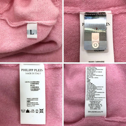 極美品◆フィリッププレイン ニット セーター スカルビジュー カシミア100% レディース サイズL ピンク Philipp Plein 【AFB7】