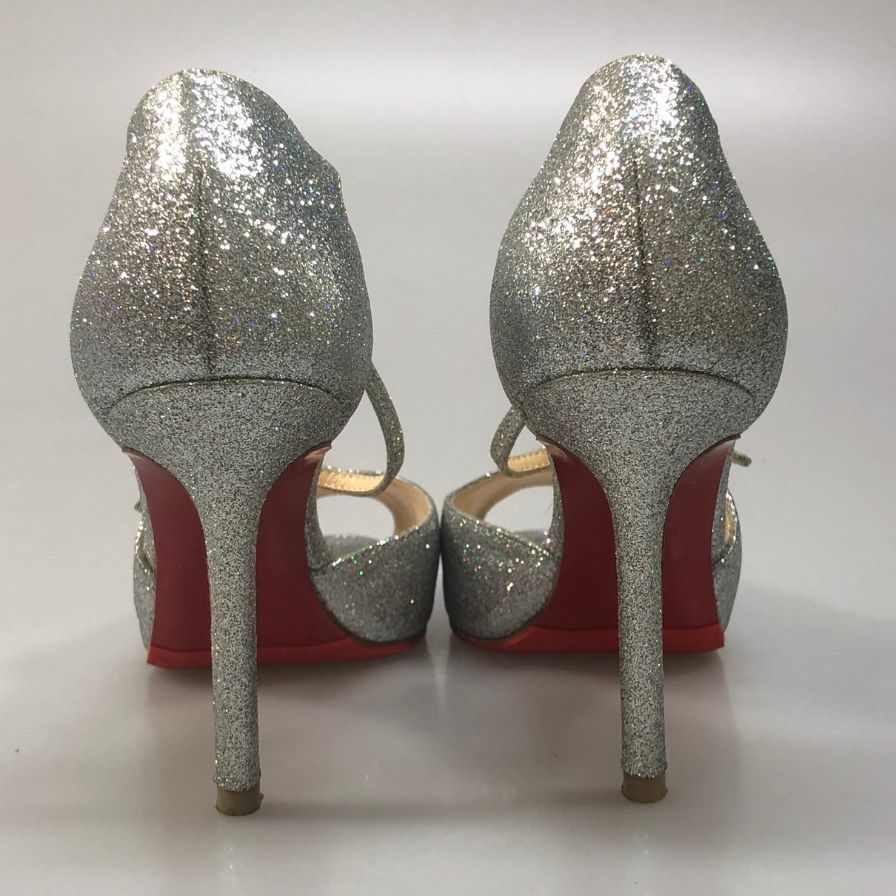 クリスチャンルブタン ヒールパンプス オープントゥ ラメ シルバー レディース サイズ34 Christian Louboutin 約21.0cm【AFD2】