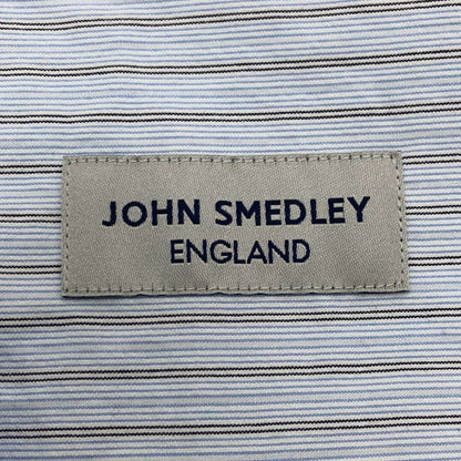 新品同様◆ジョンスメドレー シャツ ノーカラー バンドカラー 長袖 ストライプ メンズ ブルー系 サイズM JOHN SMEDLEY 【AFB36】