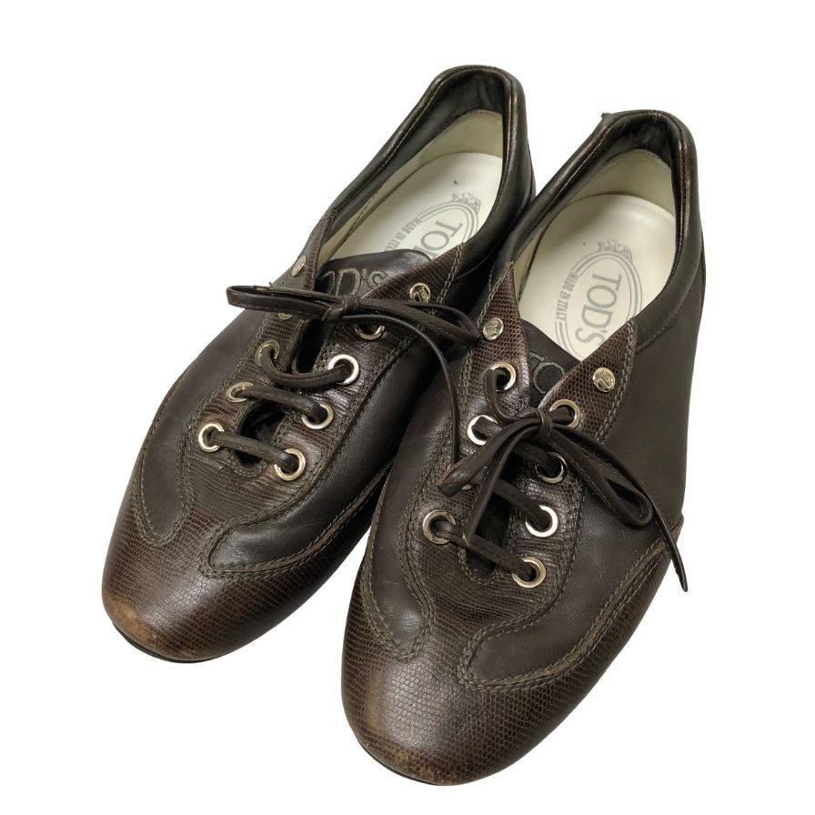 トッズ ドライビングシューズ レザースニーカー リザード型押し×カーフ コンビ ブラウン レディース サイズ36.5 TOD’S 約23.5cm【AFC31】