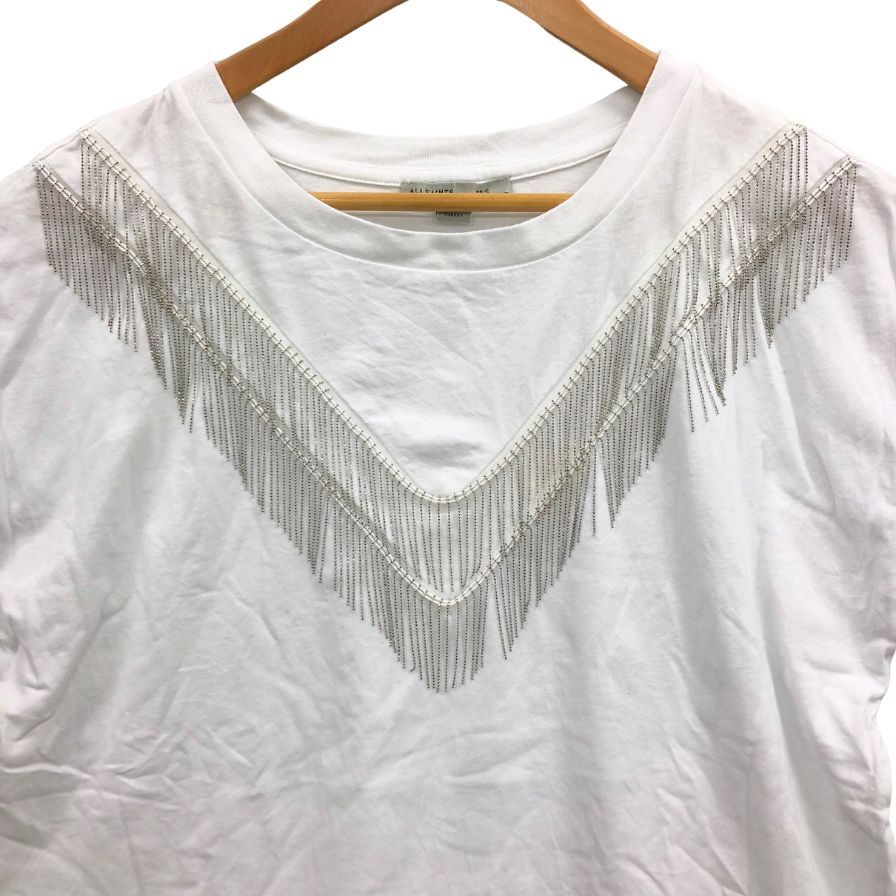 中古◆オールセインツ カットソー 半袖 シルバー フリンジ 装飾 金具 コットン Tシャツ ホワイト メンズ サイズXS ALLSAINTS 【AFB18】