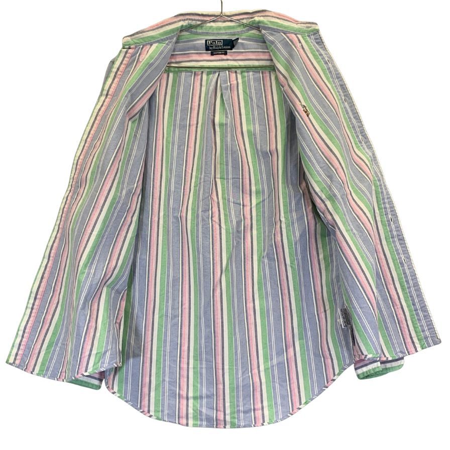 中古◆ポロ ラルフローレン ボタンダウンシャツ 90S ストライプ ブルー メンズ サイズM Polo Ralph Lauren 【AFB4】