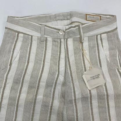 ミームバイジャブス レディース ワイドパンツ ストライプ 麻混 イタリア製 サイズ40 ベージュ meme by giab's 【AFB44】