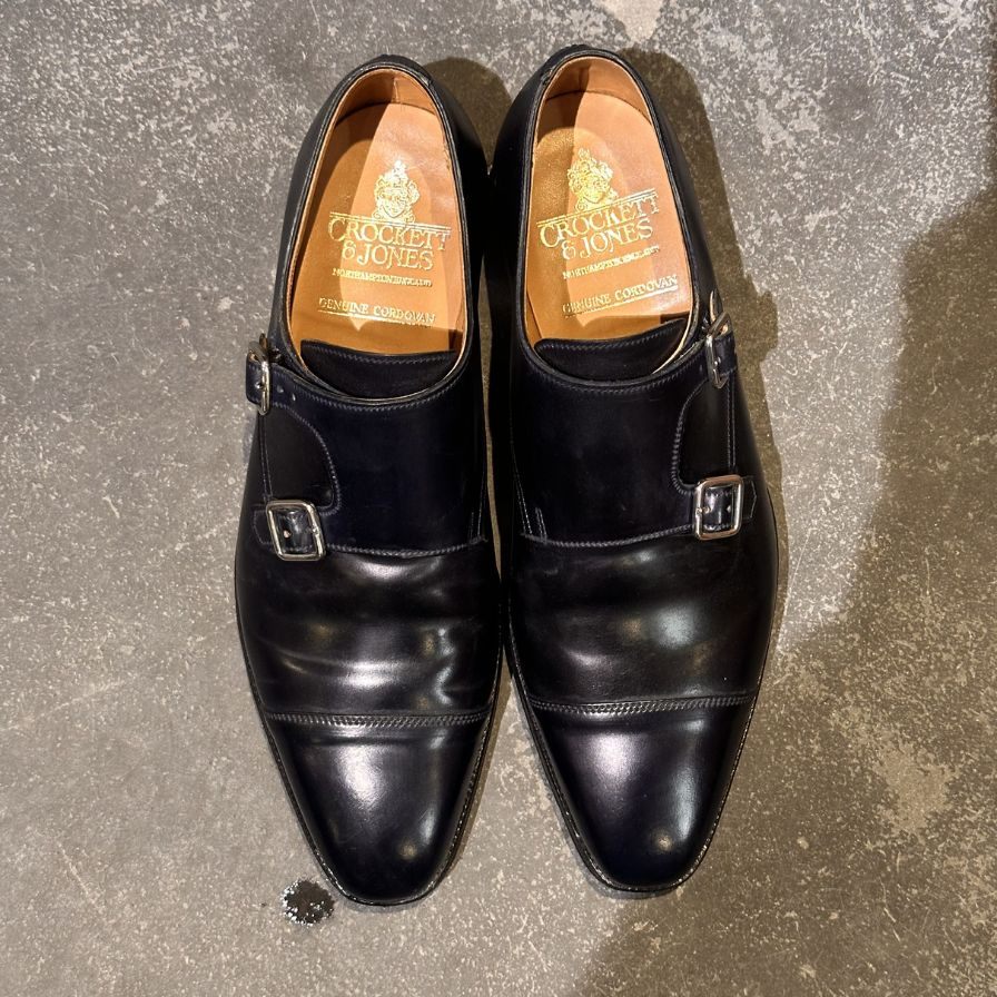 クロケット&ジョーンズ レザーシューズ LOWNDES ダブルモンク コードバン ネイビー  348ラスト サイズUK7E CROCKETT&JONES ビジネスシューズ 約25.5cm【LA】【中古】