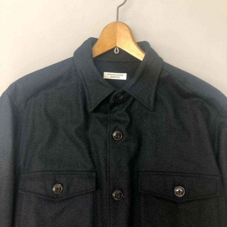美品◆ミナミシャツ オーダー シャツジャケット ウール想定 フランネル フォックスブラザーズ生地 メンズ サイズ不明 ネイビー MINAMI SHIRTS BESPOKE 【AFB3】