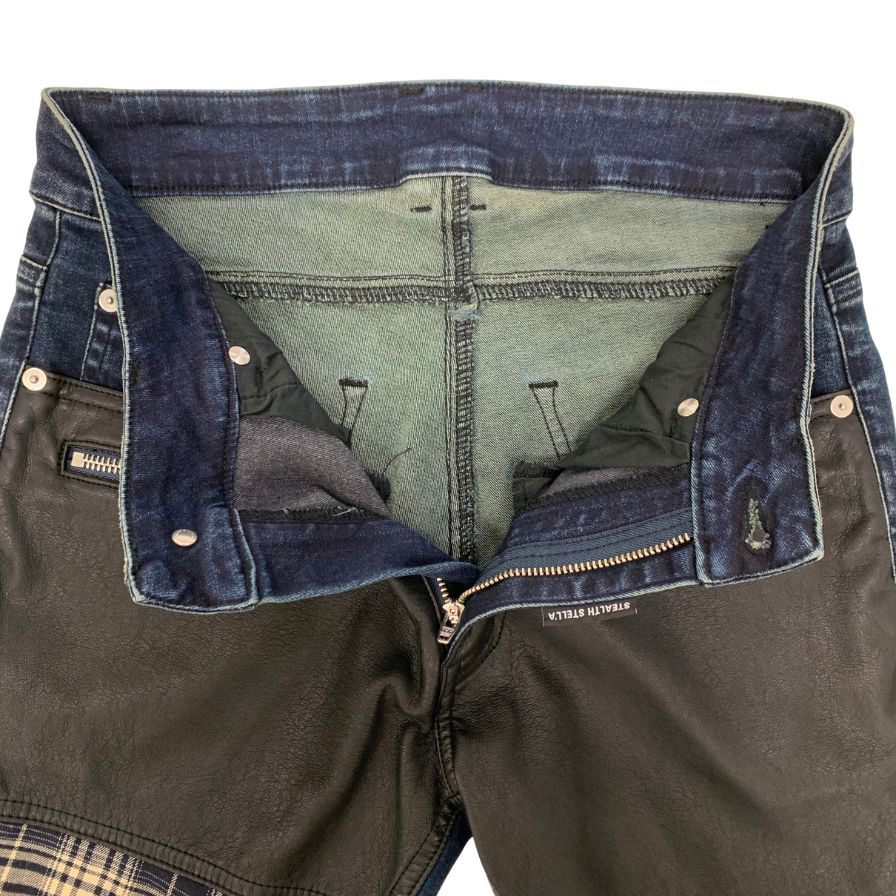 ステルスステラ デニムパンツ レザー切り替え チェック メンズ サイズ2 ブルー系 STEALTH STELL'A 【AFB19】