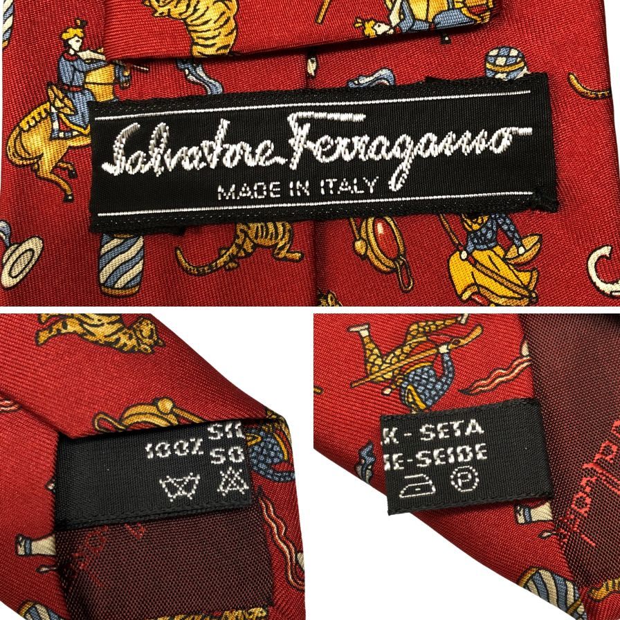 サルヴァトーフェラガモ ネクタイ シルク サーカス柄 メンズ レッド系 Salvatore Ferragamo 2本セット【AFI18】