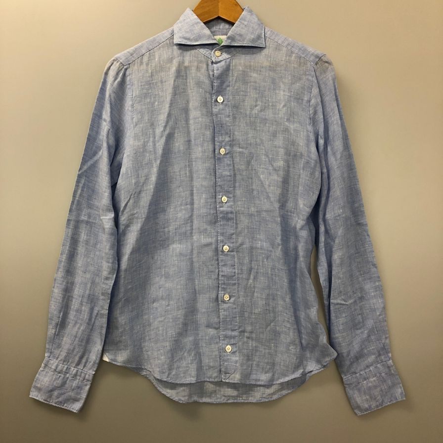 美品◆フィナモレ リネン シャツ メンズ S ライト ブルー Finamore 【AFB41】