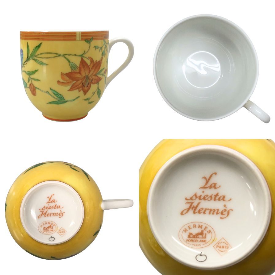 エルメス シエスタ デミタス カップ&ソーサー 花柄 イエロー系 総柄 2客セット HERMES【AFI28】【中古】