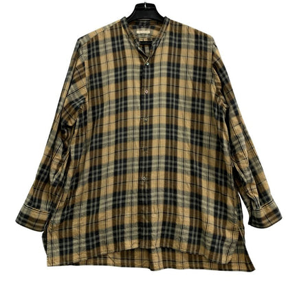 美品◆ユーゲン チェック柄 長袖ノーカラーシャツ イエロー×ブラック メンズ サイズ2 HEUGN 【AFB5】