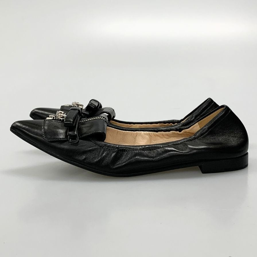 PRADA ブラック リボン付きバレエシューズ ☆Prada☆ロゴ入り レザーリボン付 バレエシューズ (PRADA