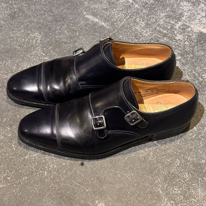 クロケット&ジョーンズ レザーシューズ LOWNDES ダブルモンク コードバン ネイビー  348ラスト サイズUK7E CROCKETT&JONES ビジネスシューズ 約25.5cm【LA】【中古】