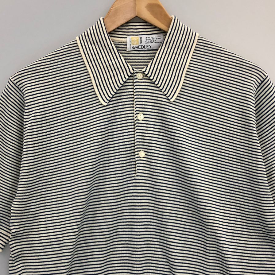 美品◆ジョンスメドレー ポロシャツ シーアイランドコットン ボーダー柄 メンズ ブルー サイズ不明 JOHN SMEDLEY 【AFB34】