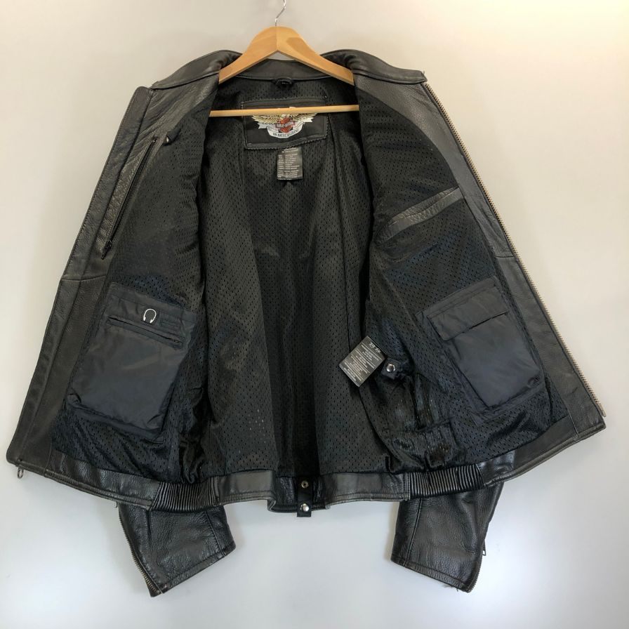 中古◆ハーレーダビッドソン シングルライダース レザー ジャケット ロゴ デザイン ブラック サイズL HARLEY DAVIDSON 【AFG1】