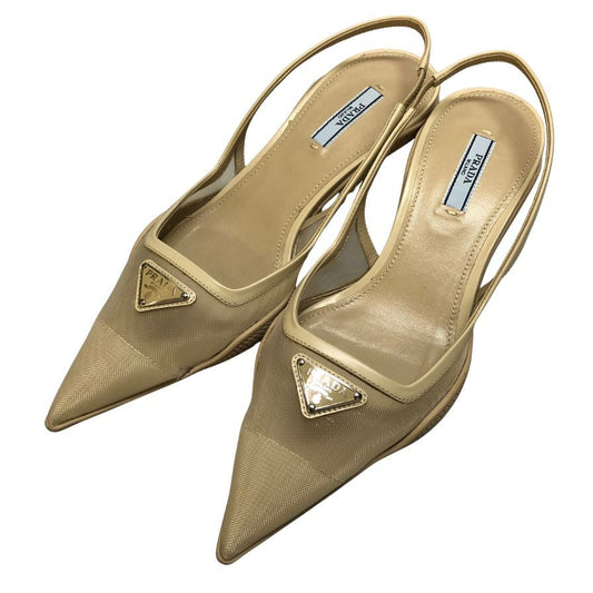 プラダ パンプス スリングバック メッシュ トライアングルロゴ ベージュ レディース サイズ37 約24.0cm【AFC31】