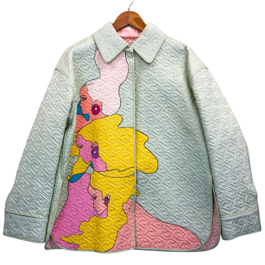新品同様◆フェンディ 22SS キルティングジャケット FF総柄 グリーン×ピンク レディース サイズ38 FJ7264 FENDI by Kim Jones Hairdo Girls 【AFA19】