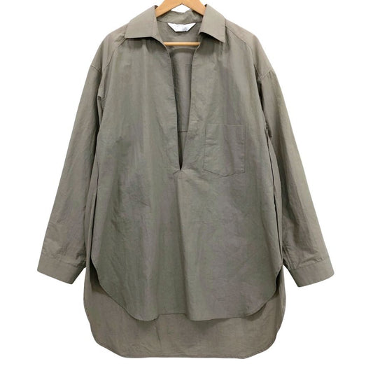 極美品◆アンセルム スキッパー ロングシャツ 長袖シャツ プルオーバー コットン リネン カーキ サイズ1 Ancellm 【AFB46】