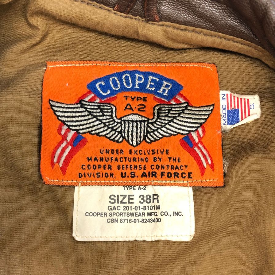 美品◆クーパー レザージャケット フライトジャケット A-2 メンズ ブラウン サイズS COOPER 【AFG1】