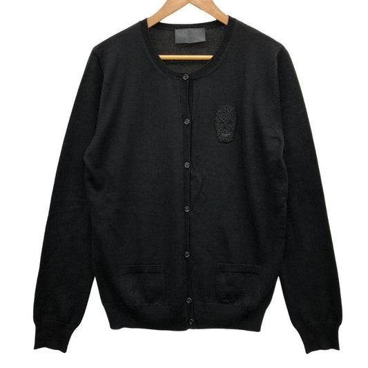 極美品◆フィリッププレイン カーデイガン スカルビジュー ウール100% レディース サイズL ブラック Philipp Plein 【AFB31】