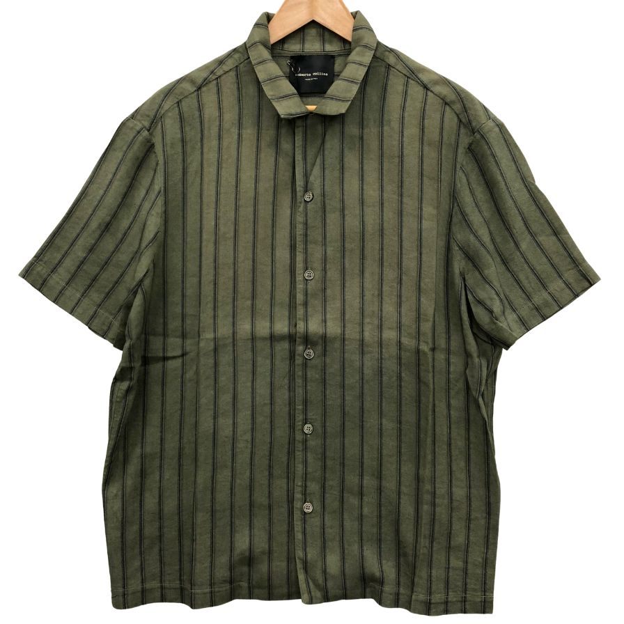 美品◆ロベルト コリーナ 半袖シャツ ボタン ストライプ  メンズ カーキ サイズ48 ROBERTO COLLINA 【AFB19】
