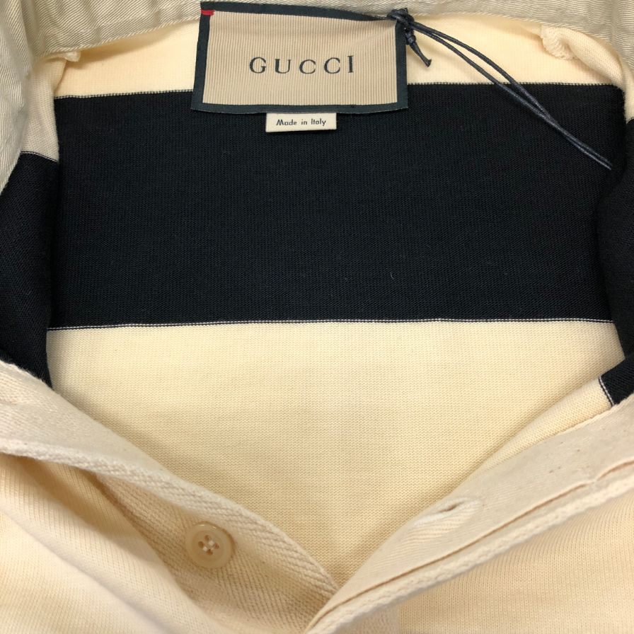 極美品◆グッチ ポロシャツ 645251 XJC6F コットン ボーダー柄 メンズ ベージュ×ブラック サイズS GUCCI 【AFB25】
