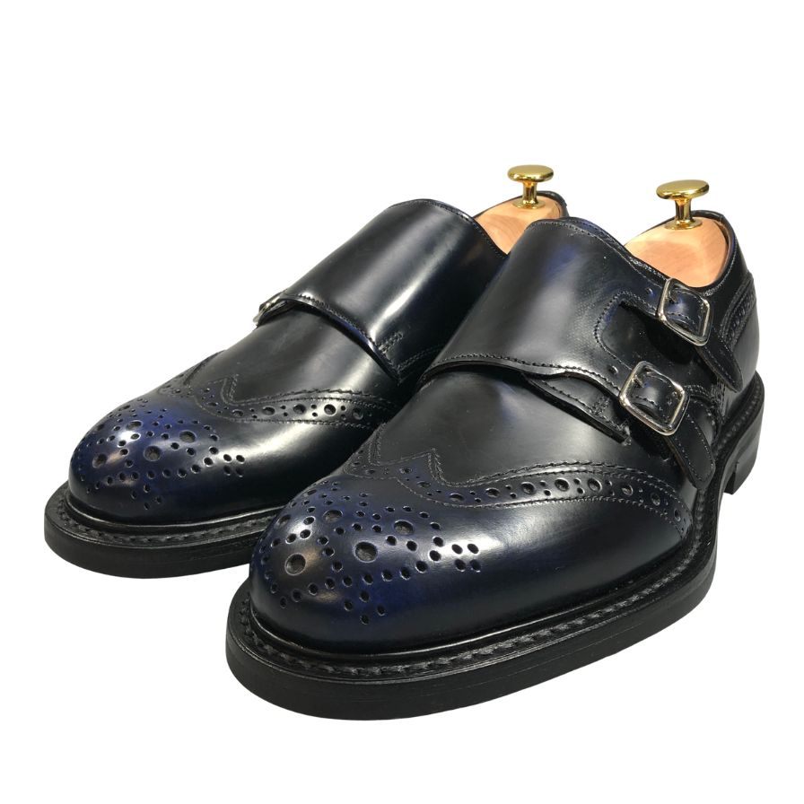 トリッカーズ モーガン レザーシューズ ダブルモンク ストラップ 7867 ブラック ブルー メンズ サイズ7.5 Tricker‘s MORGAN ビジネスシューズ 約26.0cm【LA】【中古】
