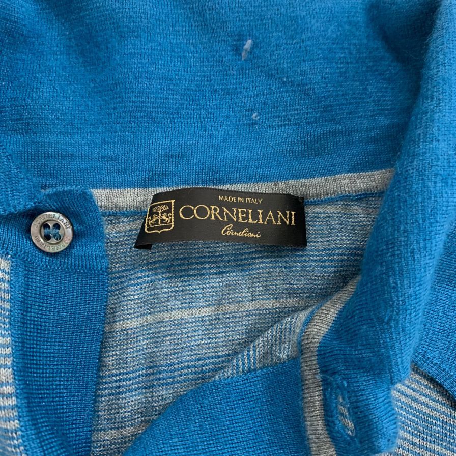 美品◆コルネリアーニ ポロシャツ ニット ボーダー カシミヤ混 ブルー系 メンズ サイズ50 CORNELIANI 【AFB14】