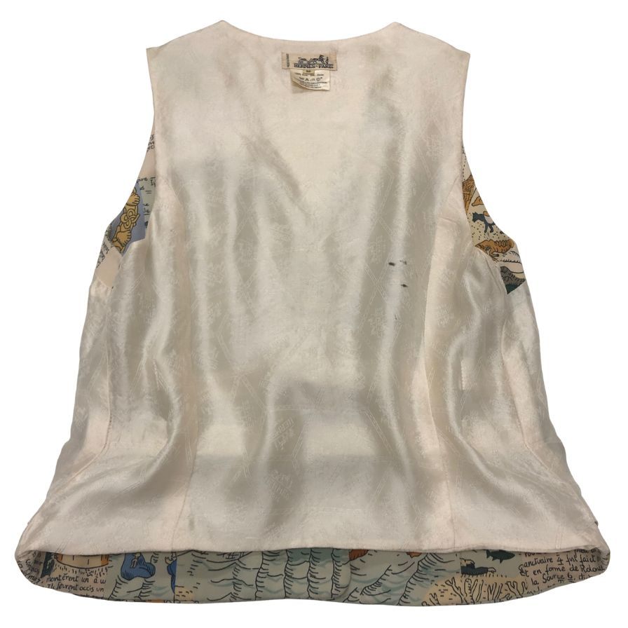 中古◆エルメス ベスト マップイラスト風 シルク ボタン レディース 総柄 サイズ36 HERMES 【AFB11】