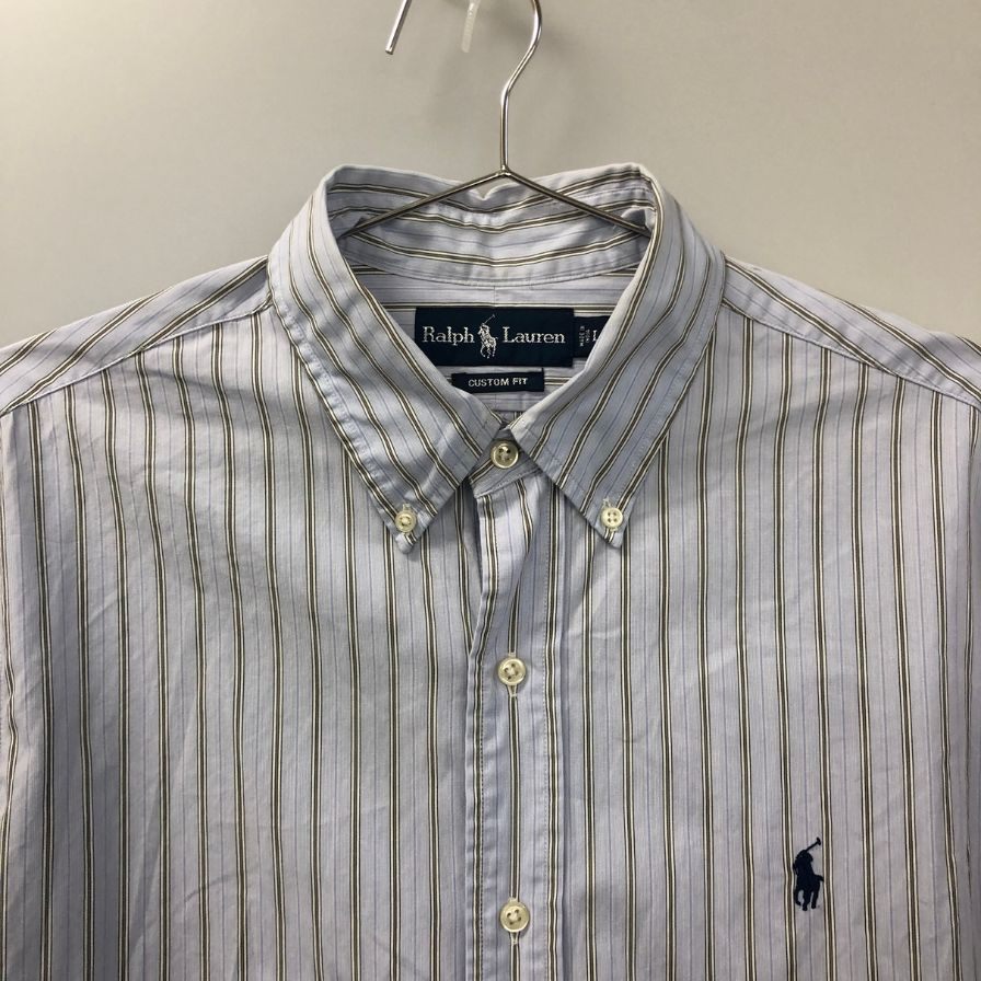 美品◆ラルフローレン ボタンダウンシャツ 90S ストライプ ブルー系 メンズ サイズL Ralph Lauren 【AFB51】