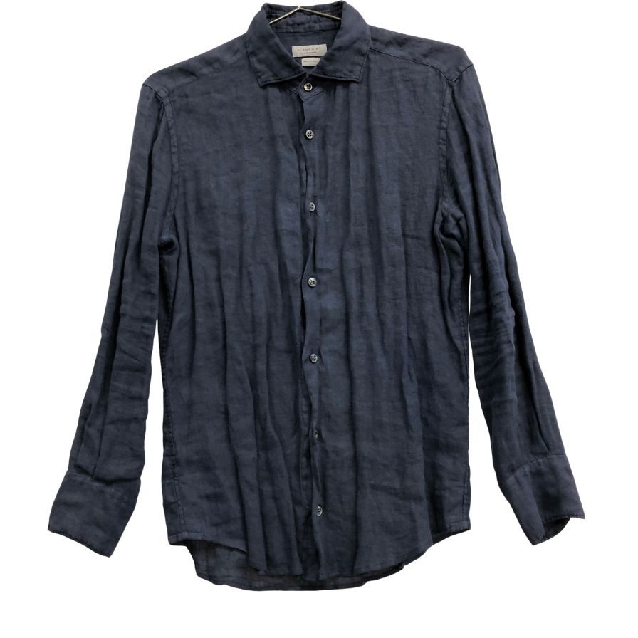 美品◆グランシャツ 長袖シャツ ロングスリーブ リネン ネイビー メンズ サイズ38/15 GLANSHIRT 【AFB43】