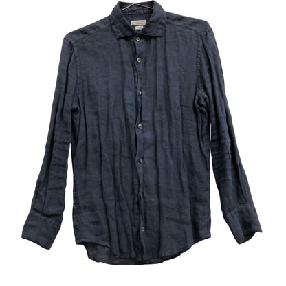 美品◆グランシャツ 長袖シャツ ロングスリーブ リネン ネイビー メンズ サイズ38/15 GLANSHIRT 【AFB43】