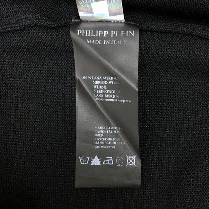 極美品◆フィリッププレイン カーデイガン スカルビジュー ウール100% レディース サイズL ブラック Philipp Plein 【AFB31】